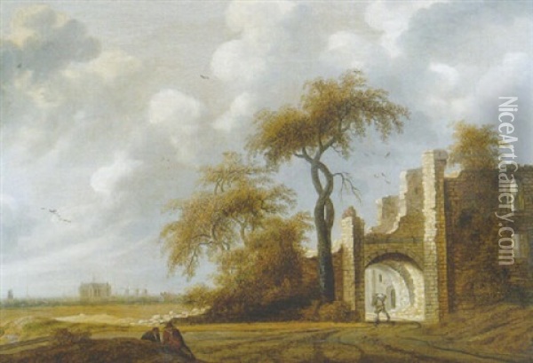 Travellers On A Road Near The Ruins Of The Brederode Castle, Haarlem Beyond Oil Painting - Jacob Van Der Croos