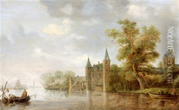 Hollandische Flusslandschaft Mit Einem Wasserschloss Und Fischerbooten Oil Painting - Pieter de Neyn