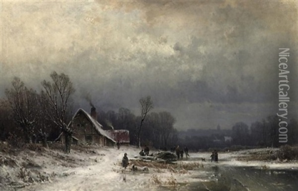 Winterliche Fluslandschaft. Abendstimmung Oil Painting - August Eduard Schliecker