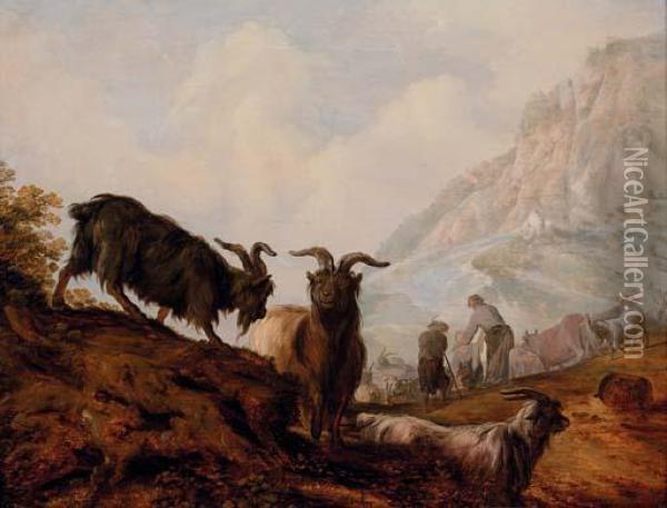 Peasants And Goats In A Mountainous Landscape Oil Painting - Jacobus Sibrandi Mancandan
