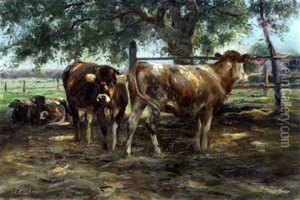 Kuhe Unter Baumen Am Gatter Oil Painting - Johann Daniel Holz