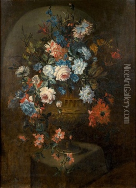 Nature Morte Au Bouquet De Fleurs Dans Un Vase Sculpte Oil Painting - Pieter Casteels III