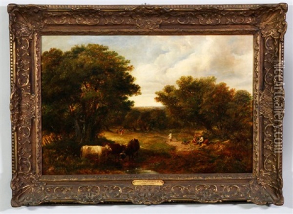 Three Cows In Foreground And Six Figures In A Wooded Clearing Oil Painting - John Constable