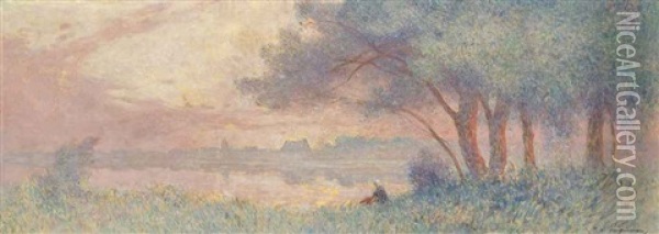 Twilight At The Lakeside, La Briere Oil Painting - Ferdinand du Puigaudeau