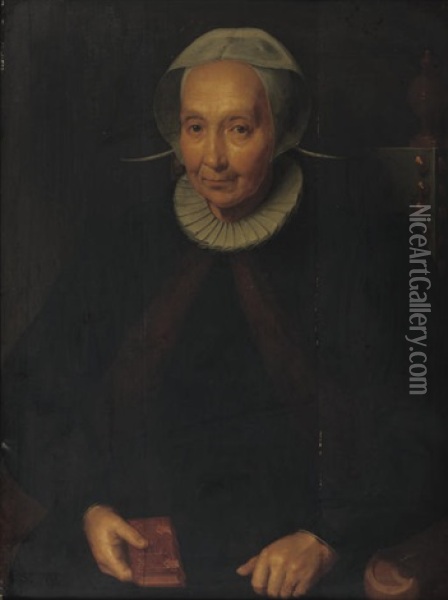 Portrait Of A Lady, In A Fur-lined Black Costume And A Molensteenkraag And White Headdress Oil Painting - Pieter Pietersz