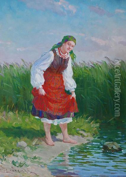 Dziewczyna Nad Stawem Oil Painting - Emil Lindemann
