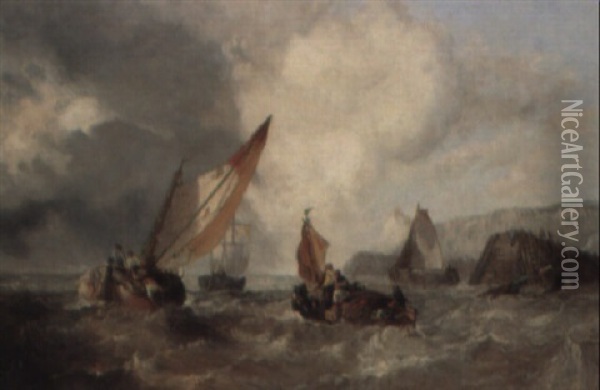 Fishing Vessels In A Stiff Breeze Off The White Cliffs Oil Painting - Alfred Montague