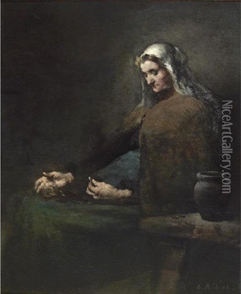Woman Counting Her Savings Oil Painting - Theodule Augustine Ribot