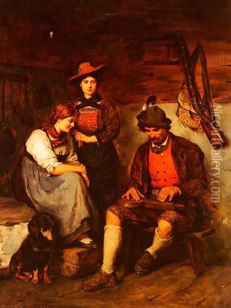 Der Zitherspieler Auf Der Alm, Dem Zwei Madchen Zuhoren (Two Girls Listening to the Zitherplayer from the Alps) Oil Painting - Franz Von Defregger
