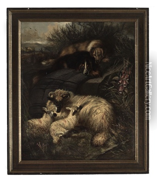 Two Dogs Guarding A Ewe And Her Two Lambs Oil Painting - Sir Edwin Henry Landseer