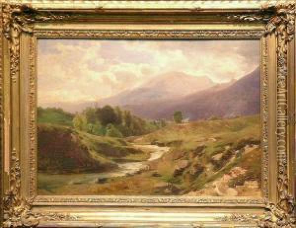 River Landscape With Mountains Beyond Oil Painting - Eduard Peithner Von Lichtenfels