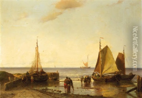 Fisherfolk Near Beached Pinken At Dusk Oil Painting - Johan Hendrik Meyer