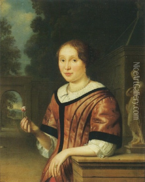 Portrait Of A Lady Wearing Pink, Holding A Rose, In An Ornamental Garden Oil Painting - Pieter Cornelisz van Slingeland