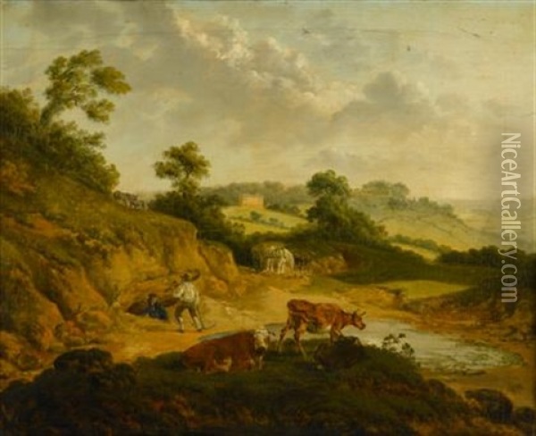 Extensive Landscape With Figures, Cattle, Horses And Donkeys Oil Painting - Thomas Hand