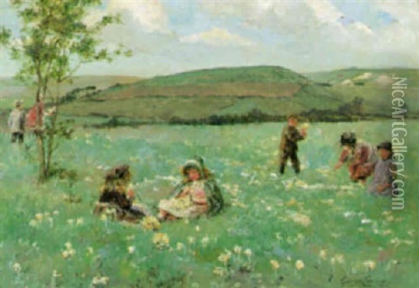 Gathering Wild Flowers Oil Painting - George Carline