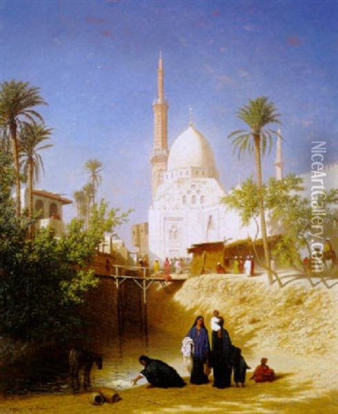 Lavandieres Et Mosquee Aux Environs Du Caire Oil Painting - Charles Theodore (Frere Bey) Frere