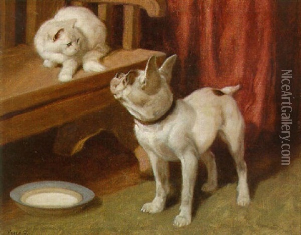 A Persian And A Terrier Before A Bowl Of Milk Oil Painting - Arthur Heyer