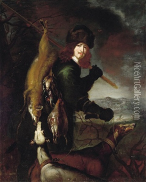 Ein Jager Mit Seiner Jagdbeute In Einer Landschaft: Allegorie Des Herbstes Oil Painting - Joachim von Sandrart the Elder