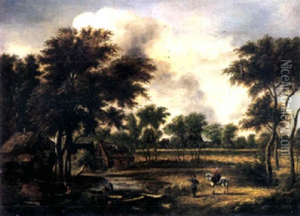 Landschaft Mit Bauernhausern Und Weiher Oil Painting - Meindert Hobbema