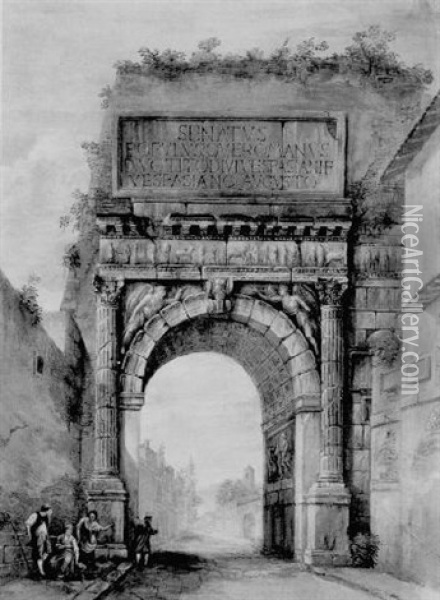 The Arch Of Titus With Figures Oil Painting - Charles-Louis Clerisseau