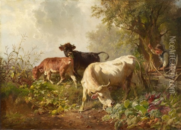 Shepherd Boy And Cattle Oil Painting - Anton Braith