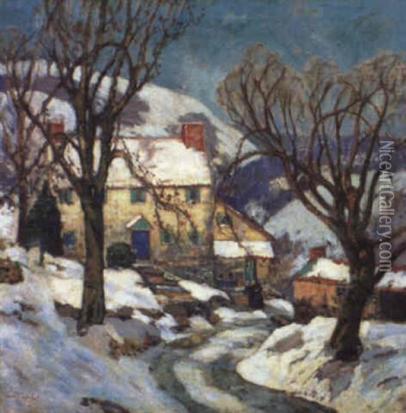 Woman With Pitcher By Yellow House In Snow Oil Painting - Fern Isabel Coppedge