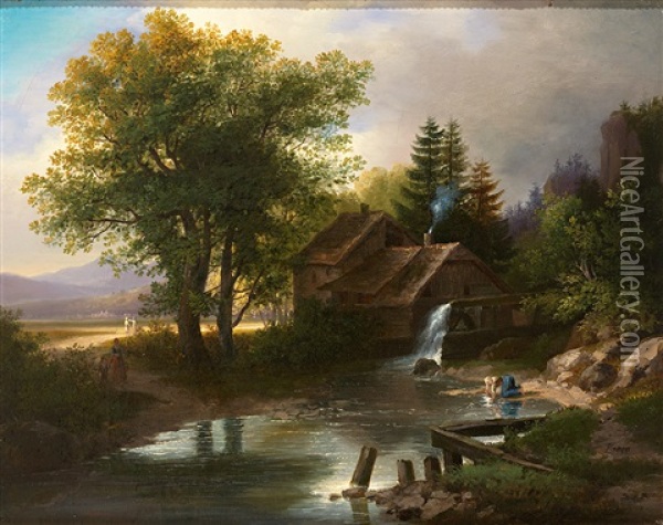 Alte Muhle Mit Wascherin Am Ufer (+ Erhohte Quelle Mit Weitem Blick In Das Land; Pair) Oil Painting - Anton Knapp