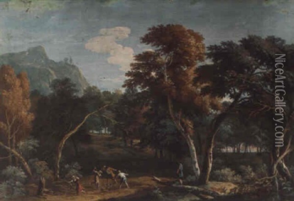 A Wooded Landscape With Peasants Killing A Snake Oil Painting - Marco Ricci
