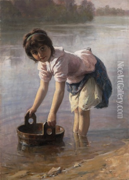 Girl Doing Laundry In A River Oil Painting - Khariton Platonov