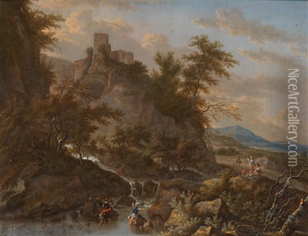 A Mountain Landscape With An Elevated Castle Oil Painting - Adriaen Hendricksz. Verboom