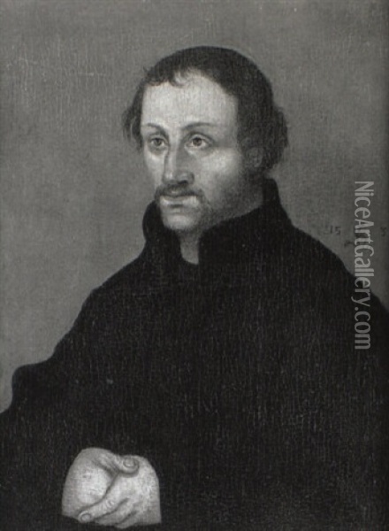 Portrait Of Phillip Melanchthon Seated, In Black Costume Oil Painting - Lucas Cranach the Elder