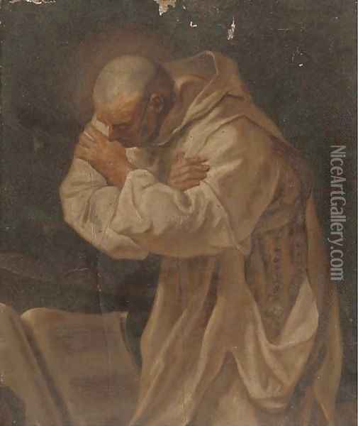A monk in white robes praying before a book Oil Painting - Pierre Subleyras
