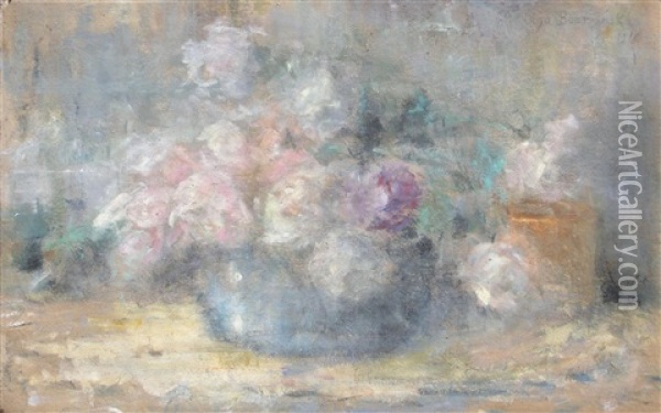 Roze Biale I Rozowe W Blekitnej Wazie Oil Painting - Olga Boznanska