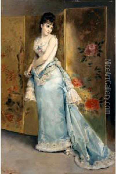 Mujer Con Vestido Azul (lady In A Blue Dress) Oil Painting - Rogelio Egusquiza Y Barrena