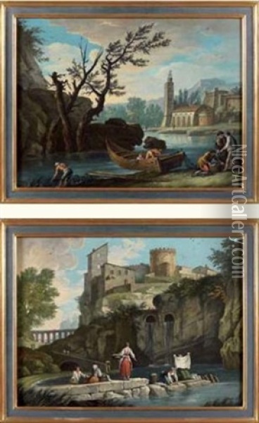 Lavandieres Devant Une Forteresse (+ Pecheurs Pres D'une Eglise; Pair) Oil Painting - Louis-Philippe Crepin