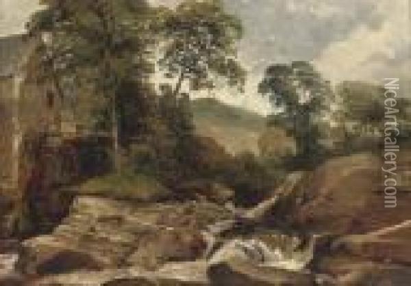River Landscape With An Overshot Mill Oil Painting - Frederick Richard Lee