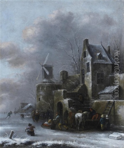 A Winter Landscape With Figures Sledding Oil Painting - Nicolaes Molenaer