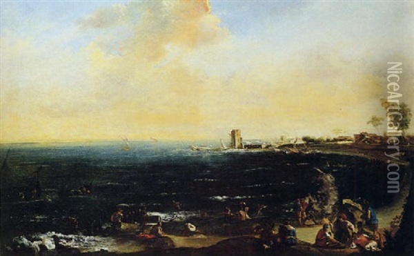 Grande Marina Con Numerose Figure In Primo Piano E Torre Nel Fondo Oil Painting - Marco Ricci