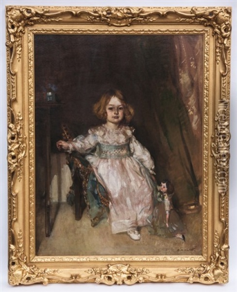 Miss Mabel Cuthbertson Seated With Her Doll Oil Painting - Edward Arthur Walton