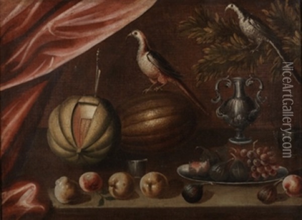 Bodegon Con Dulces, Fruta, Vajilla Y Perro Oil Painting - Blas de Ledesma Prado