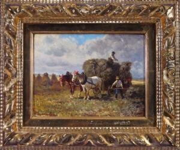 Heuernte - Drei Bauern 
Beimbeladen Des Zweispannigen Pferdewagens, Im Hintergrundgewitterwolken Oil Painting - Fritz van der Venne