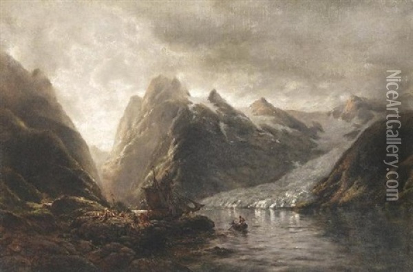 Sonnenwendfest Auf Den Lofoten. Zahlreiche Personen Bei Einem Segelschiff Vor Einer Gletscherzunge Oil Painting - Adelsteen Normann