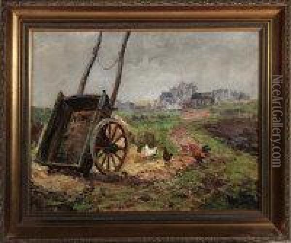 A Horsecart And Poultry By A Track Leading To A Farm Oil Painting - John Falconar Slater