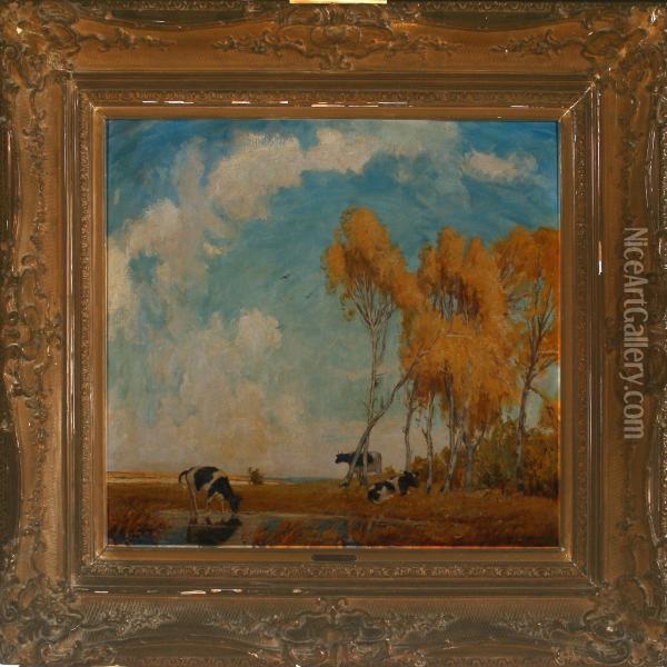 Landscape With Cows Oil Painting - Carl Langhammer