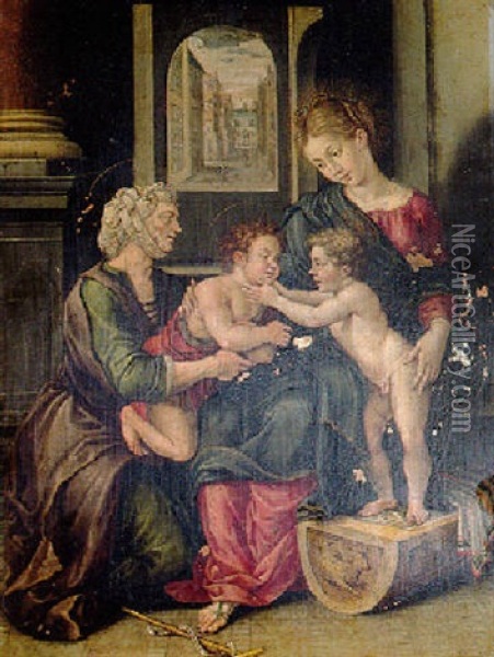 The Virgin And Child With The Infant Saint John The Baptist And Saint Anne Oil Painting - Hendrick De Clerck