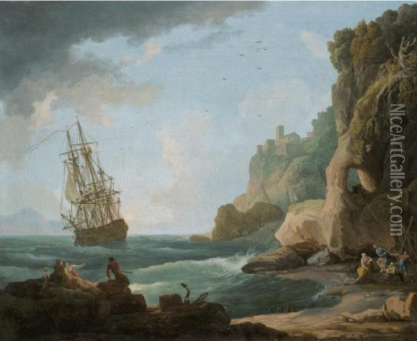 A Mediterranean Coastal Scene With Shipping In A Breeze And Fishermen On The Shore Oil Painting - Claude-joseph Vernet