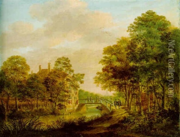 A View Of A Building On A Canal With Figures On A Wooded Path Oil Painting - Johannes I Janson