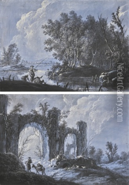 Landscapes, One With Figures Fishing, The Other With Figures Beside Ruins Oil Painting - Jean Baptiste Pillement