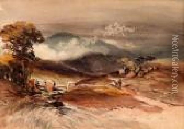 Inscribed To Mount From A Sketch Book (figures Walking In A Hilly Landscape) Oil Painting - Thomas Miles Richardson