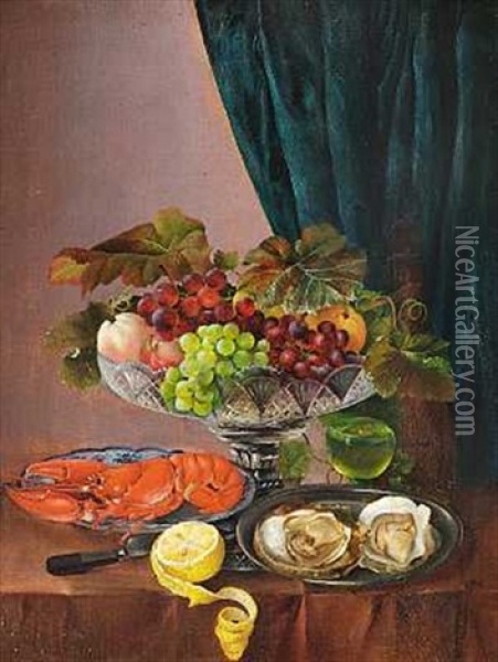 Opstilling Med Hummer, Osters, Citron Og Frugtskal Pa Et Bord Oil Painting - Olaf August Hermansen